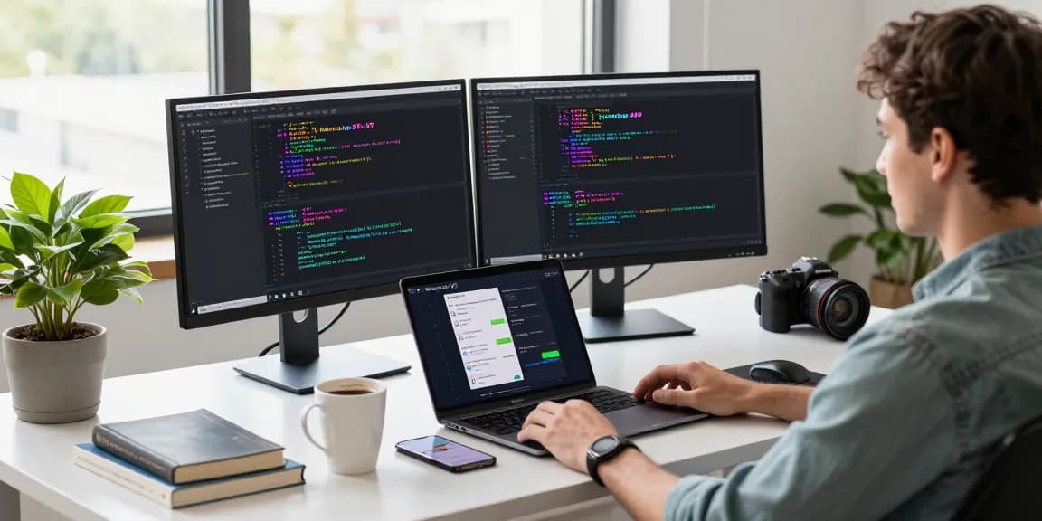 Developer working on GB WhatsApp APK in modern workspace with dual monitors.