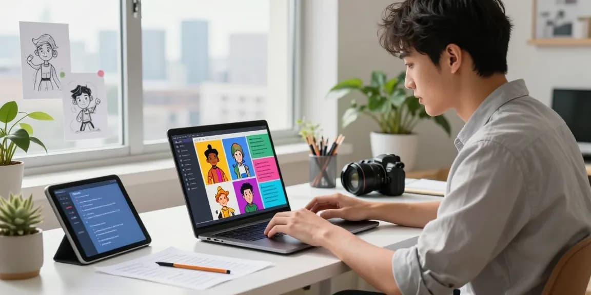 Tavern AI scene with user creating AI characters at a modern desk, showcasing creativity and innovation.