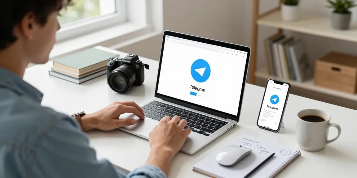 Telegram Download in a modern home office with a user on a laptop, notifications visible on smartphone.