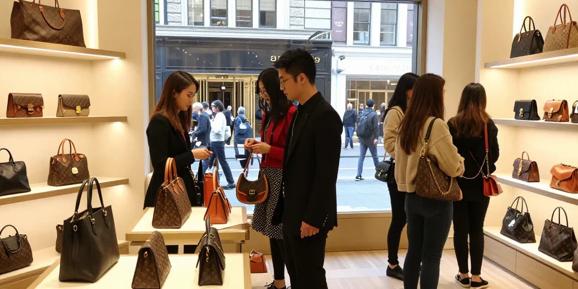 High-quality replica handbags and accessories showcased in a modern urban store