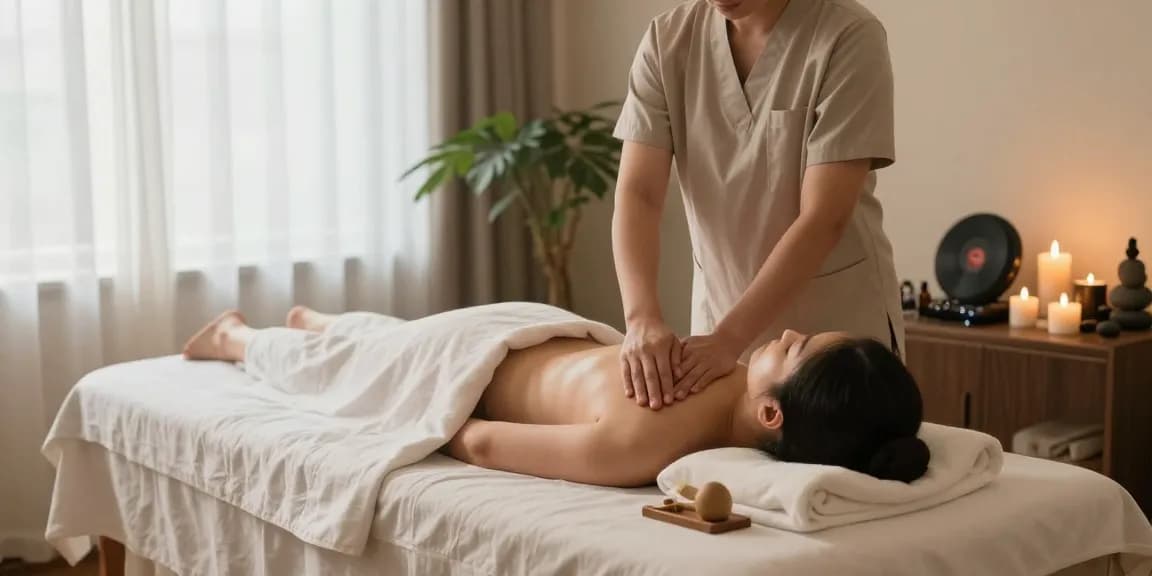 구로마사지 therapy session in a serene wellness center with calming ambiance and therapeutic elements.