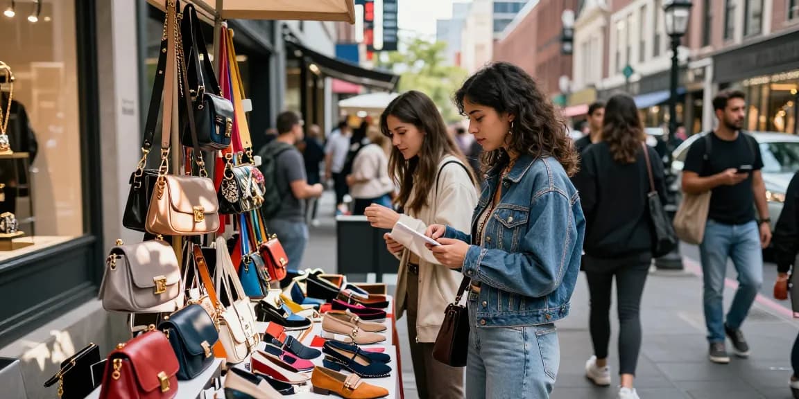 A young woman exploring high-quality 레플리카 사이트 accessories at an urban outdoor market stall, showcasing vibrant street fashion.
