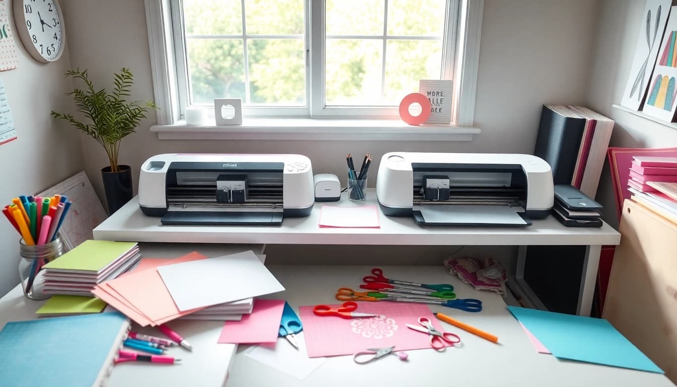 Side-by-side comparison of silhouette vs cricut machines in a bright crafting workspace.