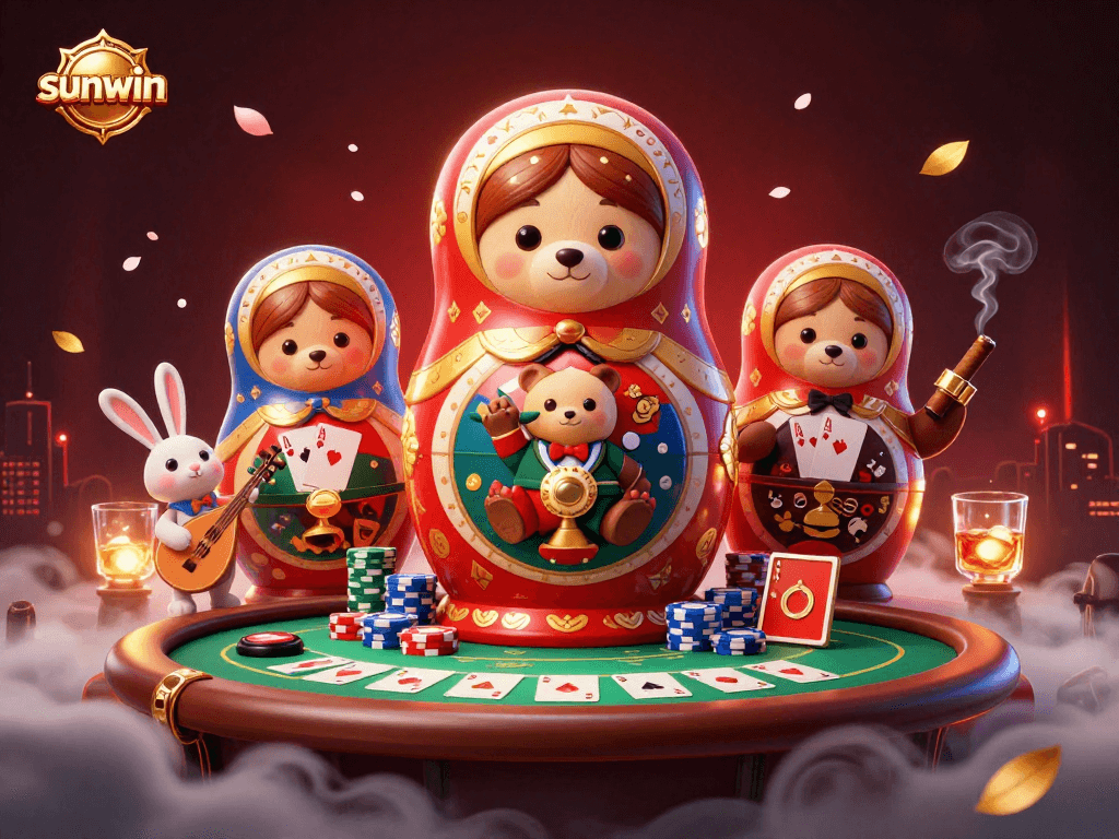 Experience thrilling gameplay at sunwin with a dynamic scene featuring cartoon bears and casino elements.