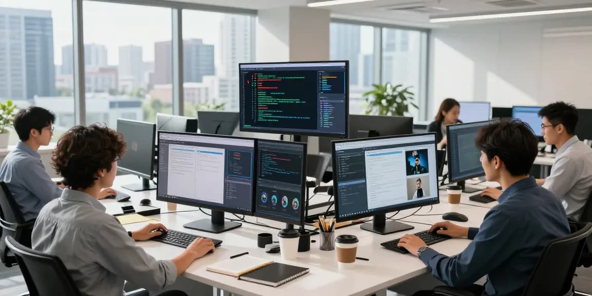 Professionals detect ai image in a high-tech moderation workspace, showcasing teamwork and advanced technology.