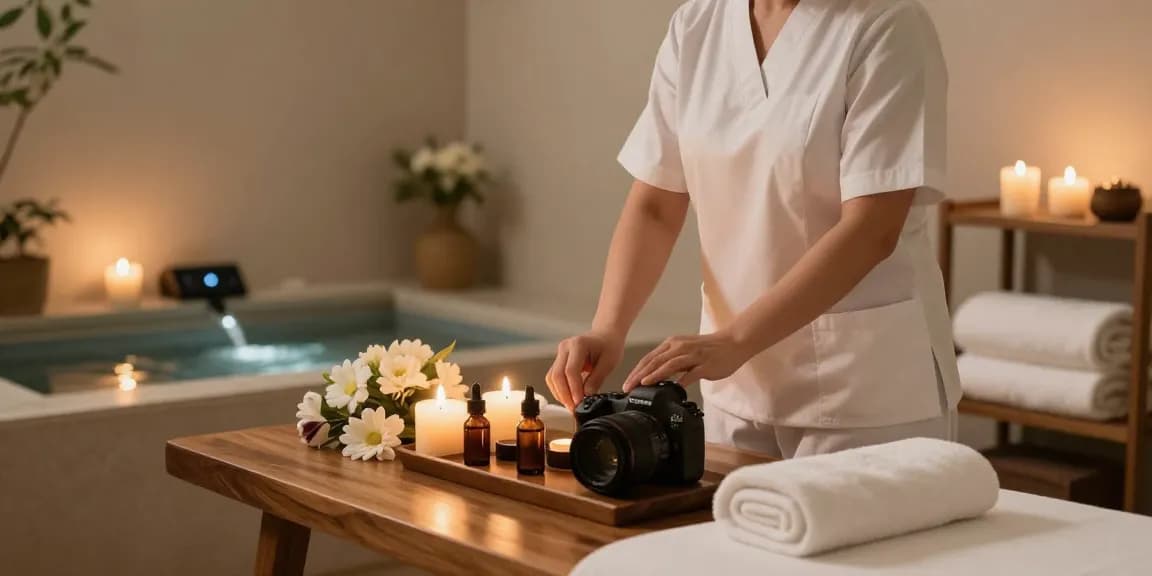 Massage therapy room with calming ambiance, oils, candles, and soft lighting for relaxation.