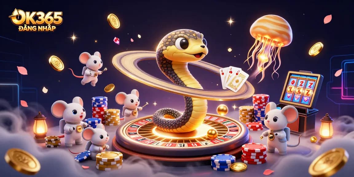 Bet on OK365 ĐĂNG NHẬP with vibrant casino illustration featuring unique characters and elements.