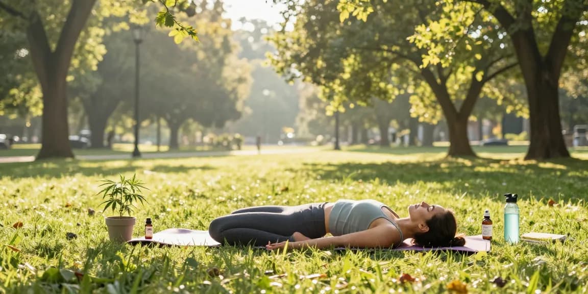 Ministry of Cannabis CBD oil beside a woman practicing outdoor yoga, emphasizing natural wellness and organic lifestyle.