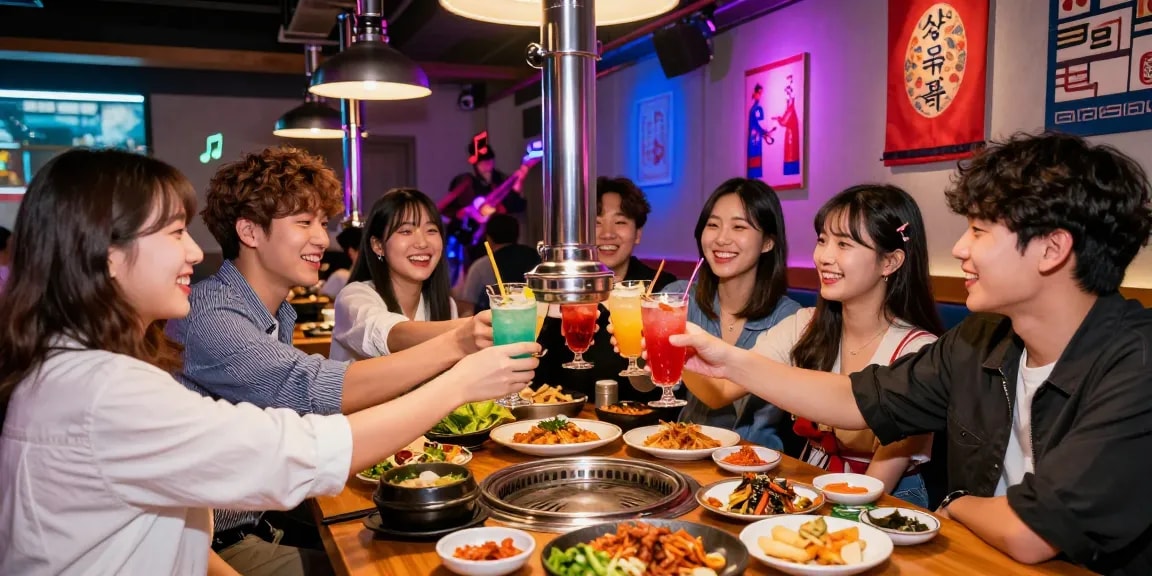 A group of friends celebrating at 상봉동 한국관나이트 with cocktails and Korean BBQ, illuminated by vibrant neon lights.