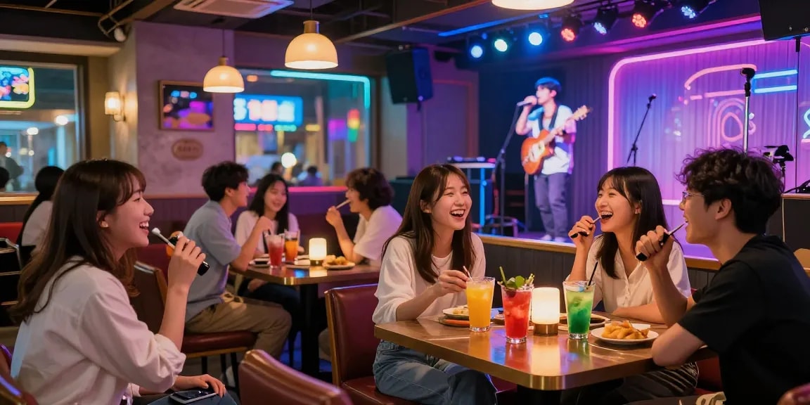 Vibrant 제주유흥 scene with friends enjoying karaoke and colorful drinks at a lively bar.