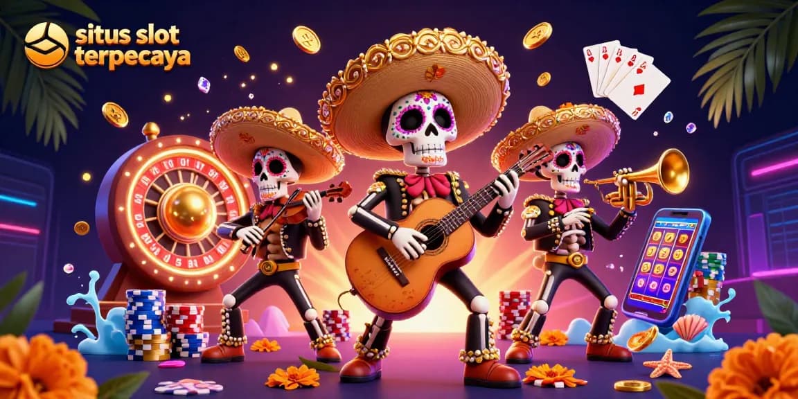 Ilustrasi menarik 'situs slot terpercaya' dengan band mariachi dari tengkorak, koin emas, dan mesin slot.