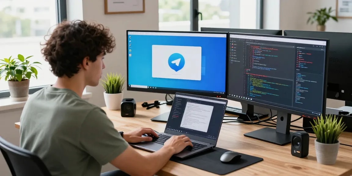 Developer using telegram中文版下载 at modern workspace with multiple screens