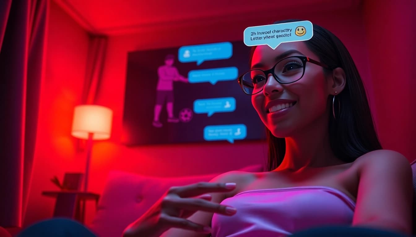 Engaging AI porn chat interaction showcasing a digital character in a warm, inviting virtual space.