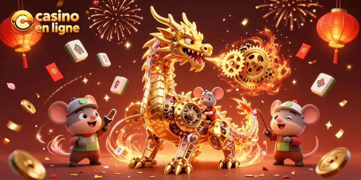 Jouez au casino en ligne avec des dragons mécaniques et des éléments festifs pour une expérience immersive.
