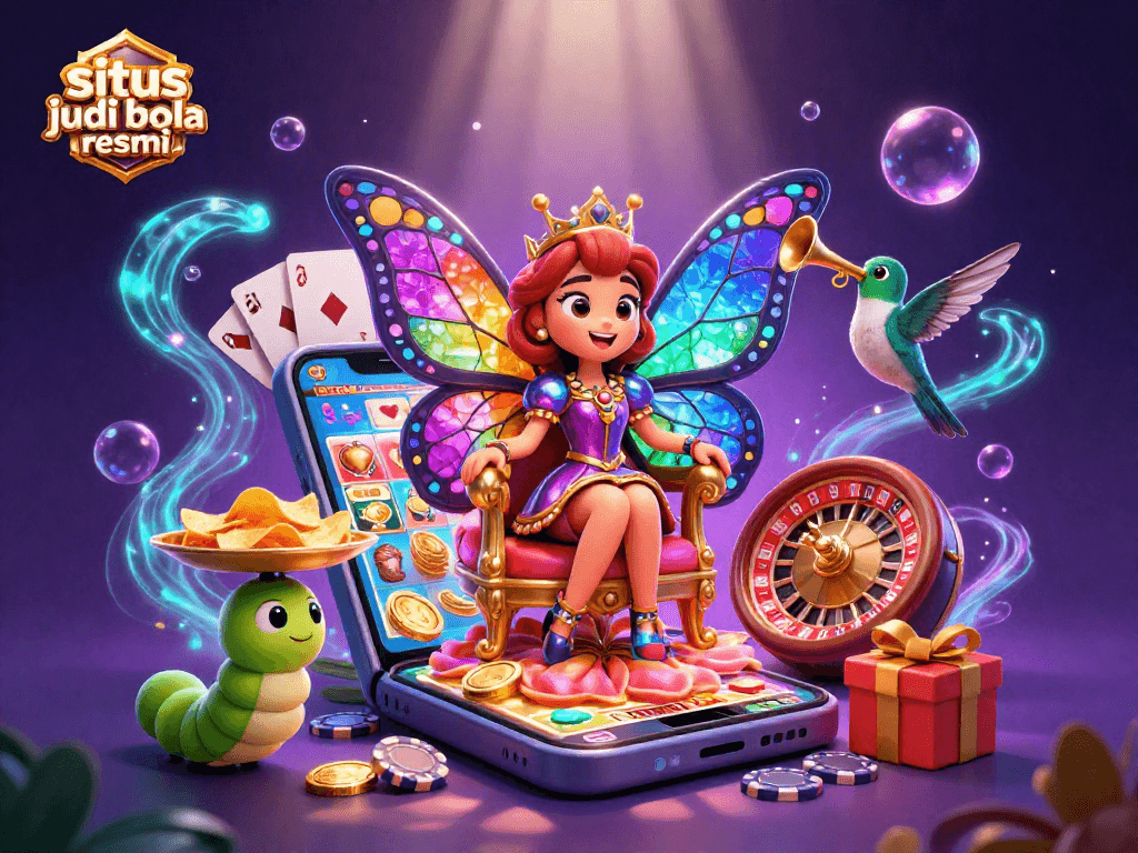 Situs judi bola resmi showcases a vibrant 3D scene with dynamic casino elements, perfect for engaging gamers.