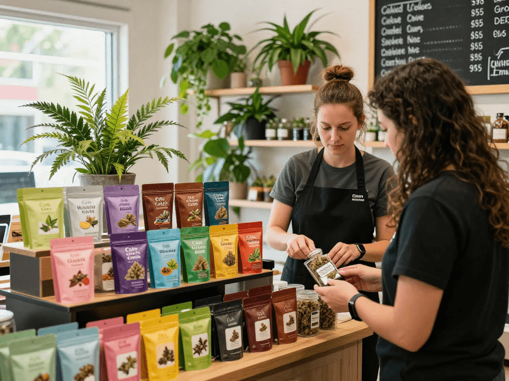 Cake cart display in a vibrant dispensary with various flavors and strains.