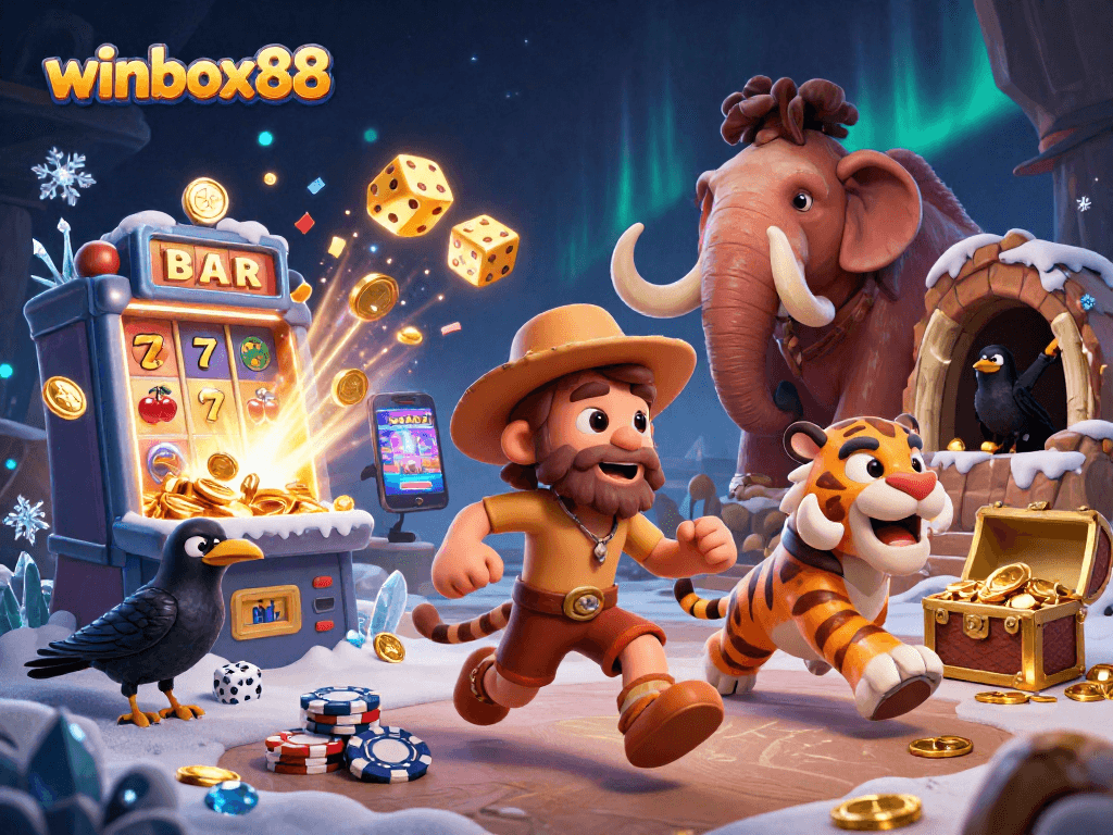 Experience winbox88 excitement with a thrilling prehistoric casino scene featuring vibrant slot machines and dynamic game elements.