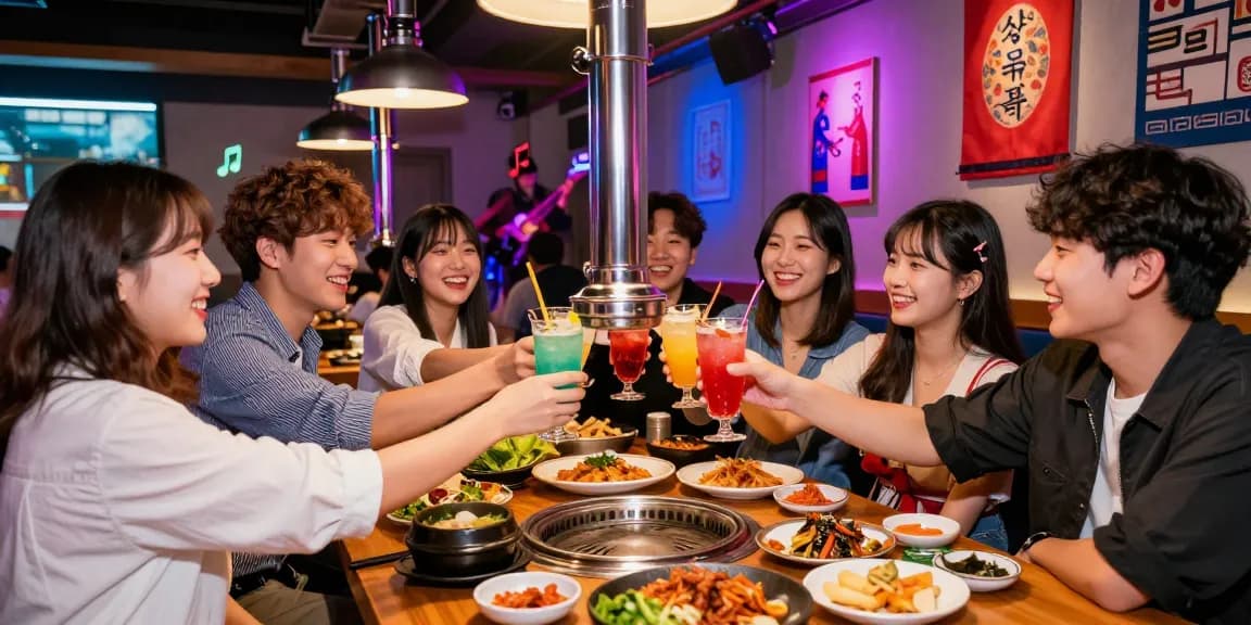 A group of friends celebrating at 상봉동 한국관나이트 with cocktails and Korean BBQ, illuminated by vibrant neon lights.