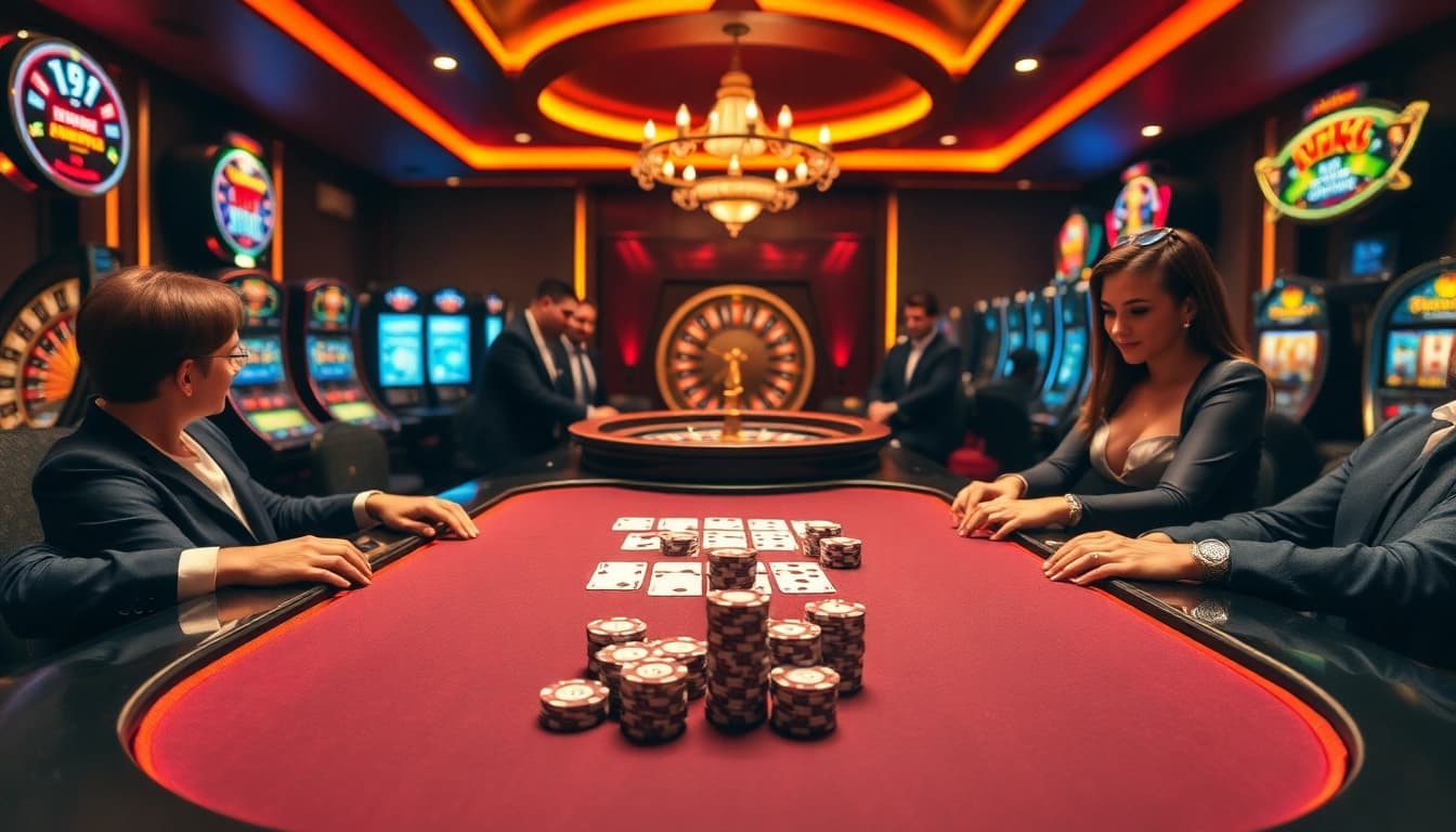 Exciting poker game at b52club casino with chips and cards on the table.