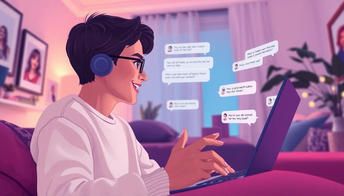 Engaging in an intimate AI chat sex conversation in a cozy virtual space.