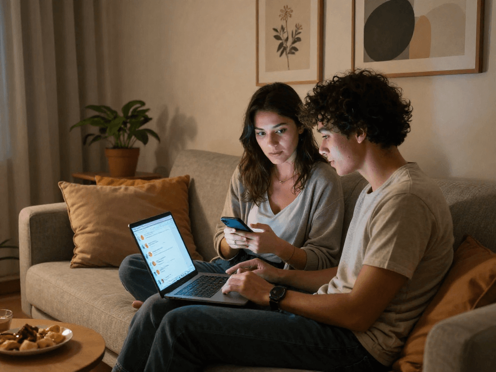 Couple using sex AI chat technology in a warm, inviting setting