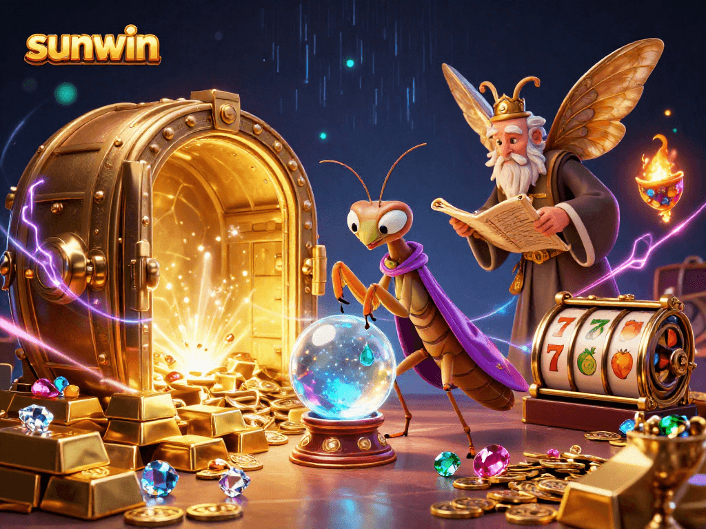 Engage with sunwin by spinning vibrant slot reels alongside mystical fortune tellers in a magical casino.