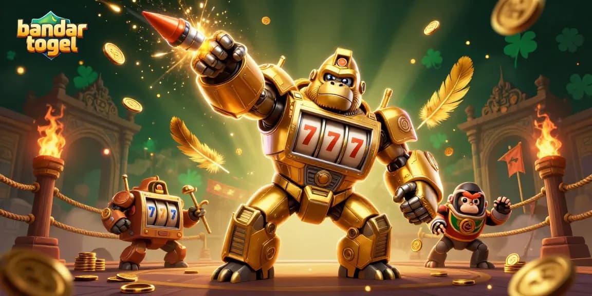 Experience the thrill of bandar togel with a dynamic 3D scene featuring a golden gorilla mech.