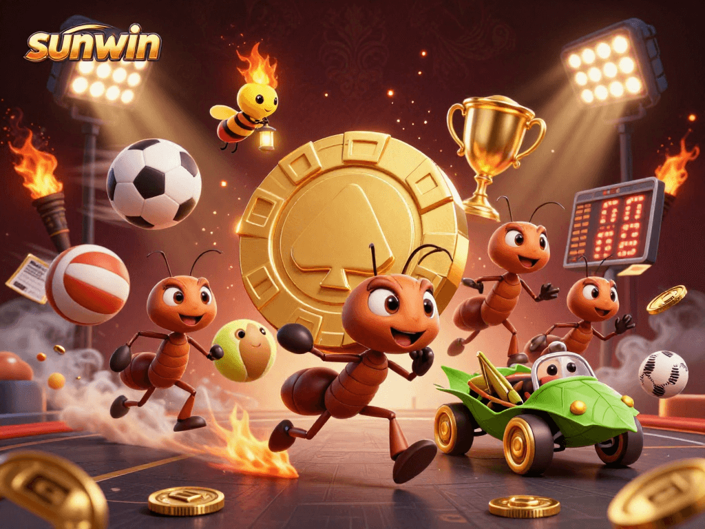 Engage in winning strategies at sunwin with a fun illustration of ants and sports betting elements.