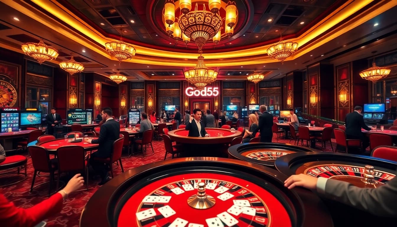 Players enjoying a thrilling night at God55 casino with poker chips and cards.