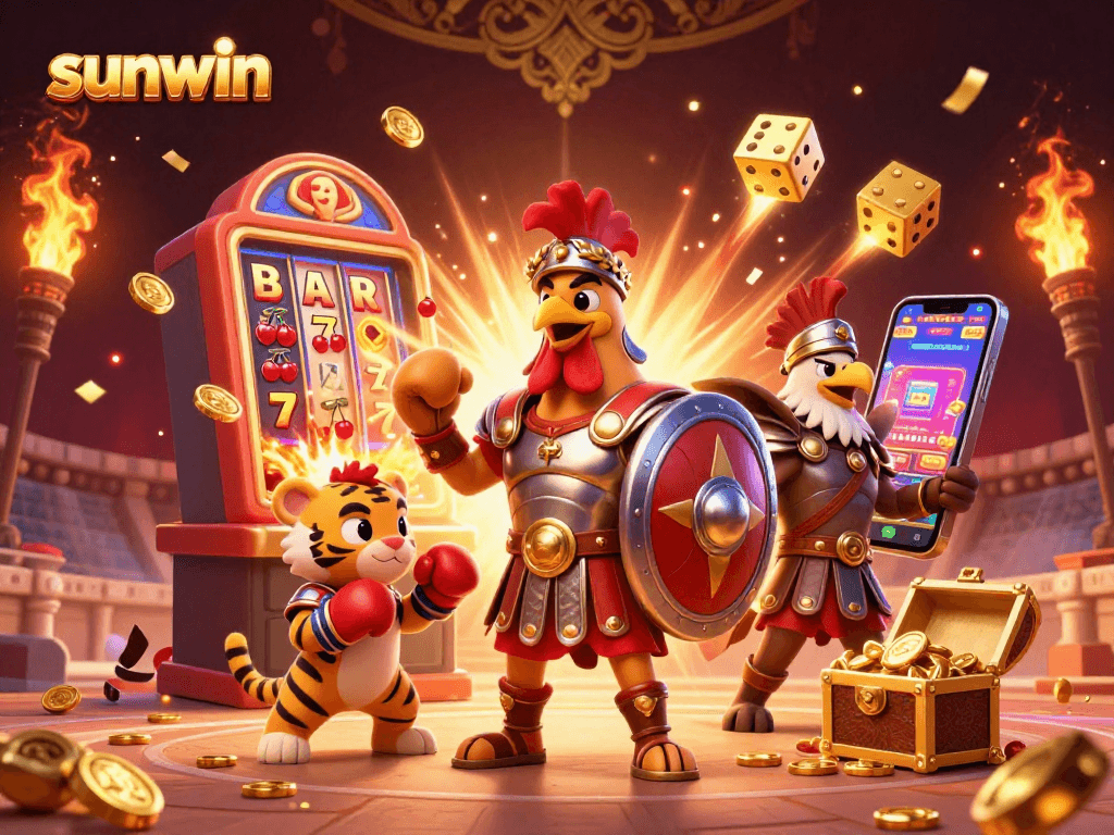 Experience the thrill of sunwin gaming with a vibrant 3D casino scene featuring captivating characters and casino elements.