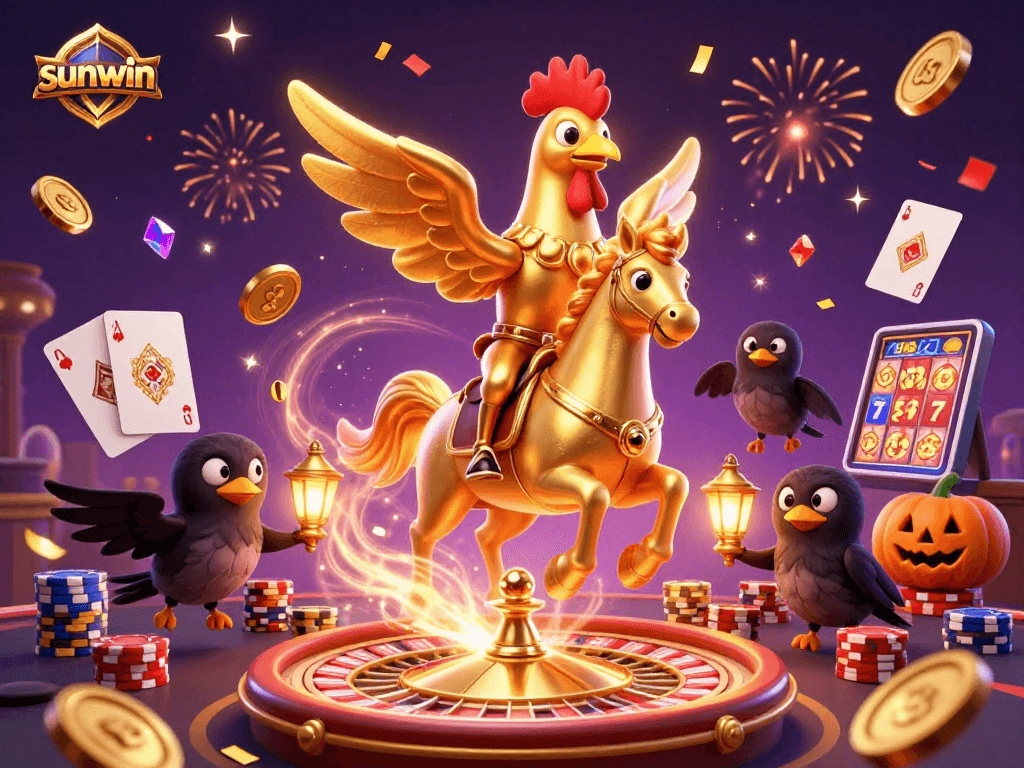 Experience the thrill of sunwin with a vibrant casino scene featuring golden rooster and festive elements.
