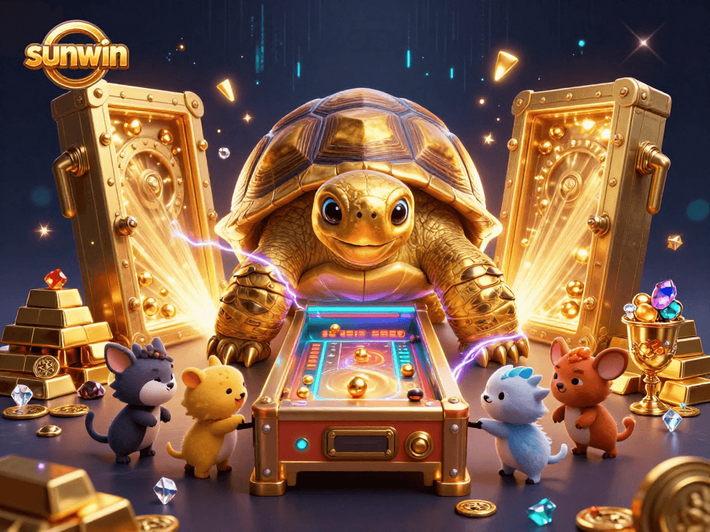 Sunwin attracts bettors with a lively golden tortoise pinball machine surrounded by treasures.