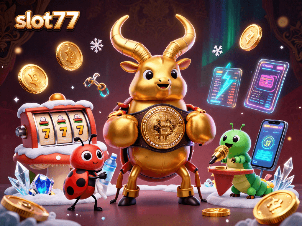 Spin the reels at slot777 with vibrant characters and crypto elements in an engaging 3D casino scene.