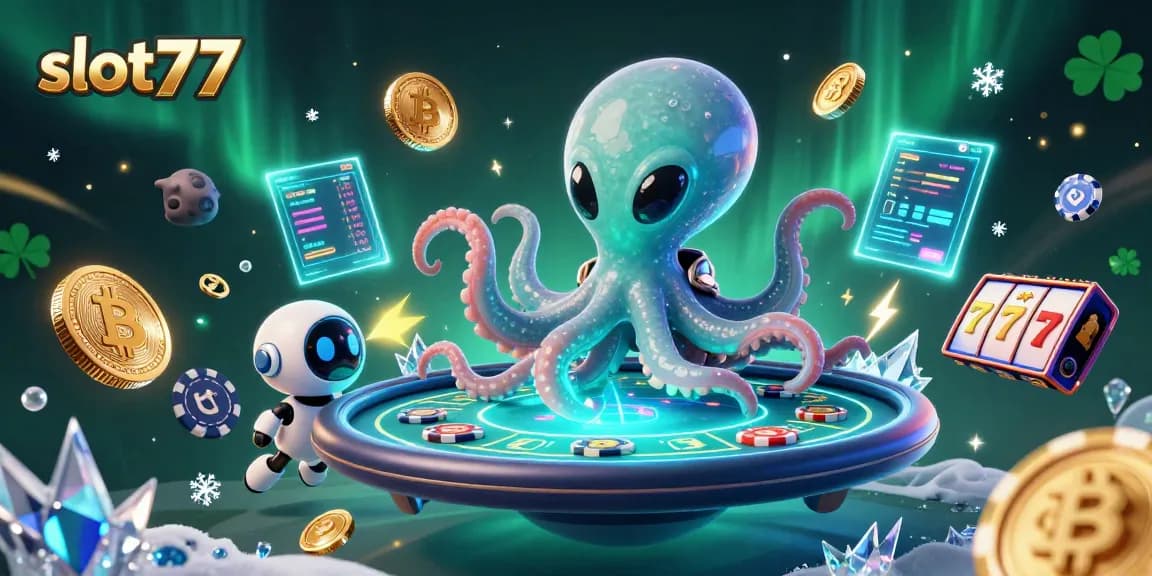 Experience thrilling action with slot77 featuring an alien octopus in a poker scene with vibrant casino elements.