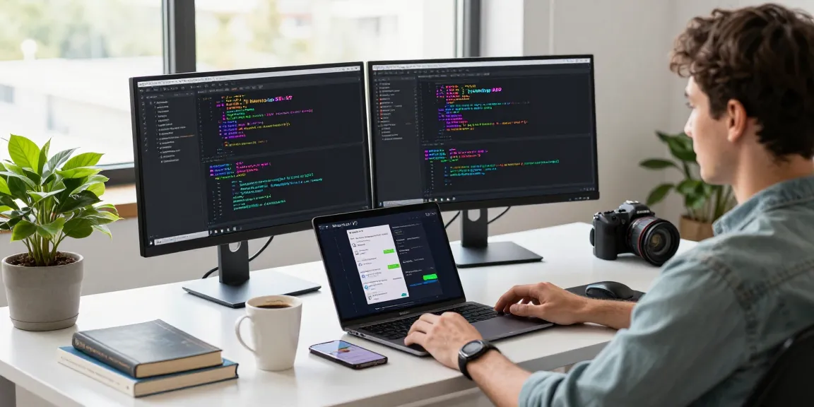 Developer working on GB WhatsApp APK in modern workspace with dual monitors.