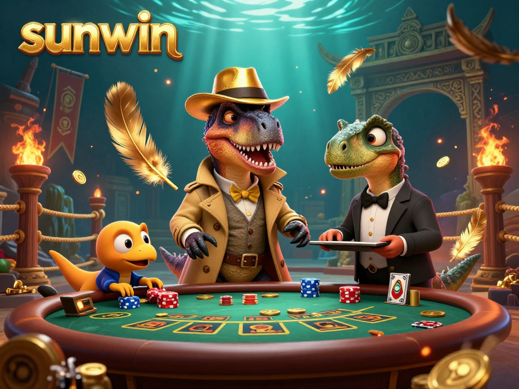 Sunwin velociraptor card counter at a blackjack table with a stegosaurus pit boss and a compy pickpocket.