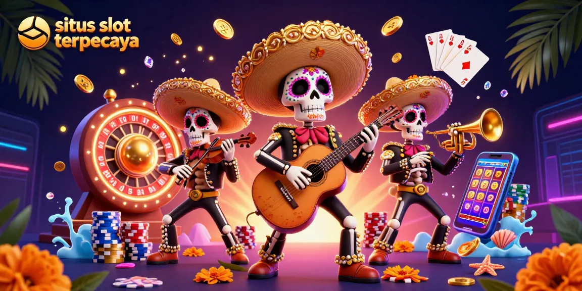 Ilustrasi menarik 'situs slot terpercaya' dengan band mariachi dari tengkorak, koin emas, dan mesin slot.