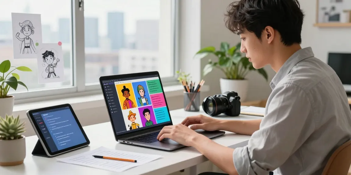 Tavern AI scene with user creating AI characters at a modern desk, showcasing creativity and innovation.