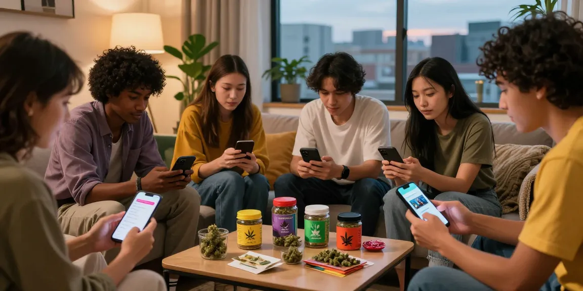 Friends using weed telegram near me to share cannabis experiences in a cozy setting