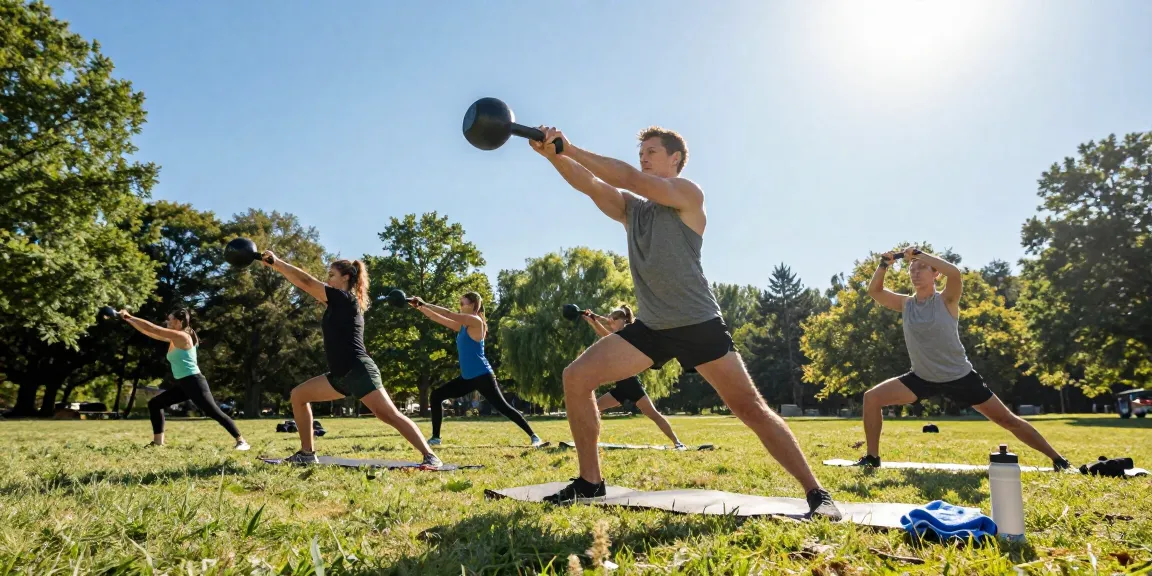 CBD Blüten für Sportler: Athleten im Freien beim intensiven Training mit Kettlebell und Yoga, natürliche Erholung.
