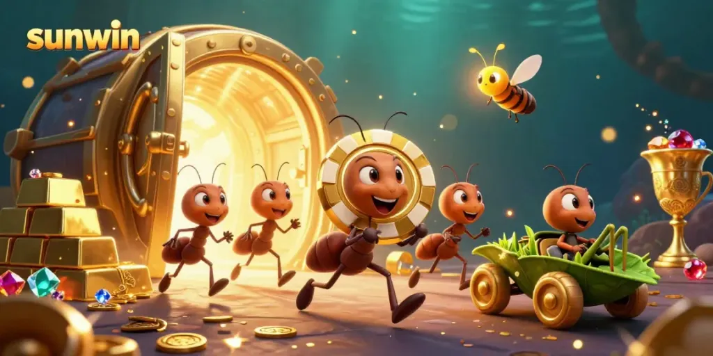 Experience the excitement of sunwin with a heist scene featuring ants and treasure elements in a vibrant casino world.