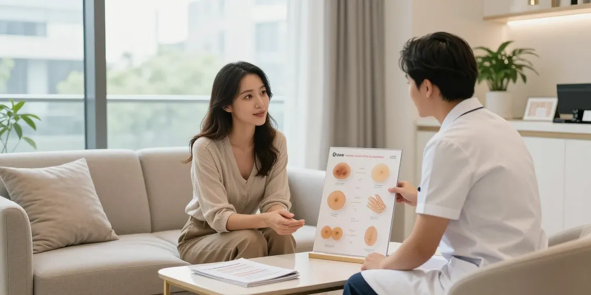 Consultation discussing breast augmentation options with a surgeon in a modern plastic surgery clinic.