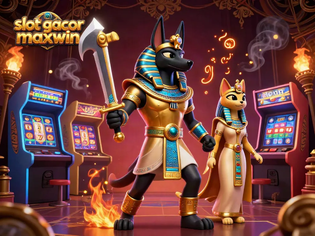 Experience exciting gameplay with slot gacor maxwin featuring Anubis and Bastet in a vibrant casino.