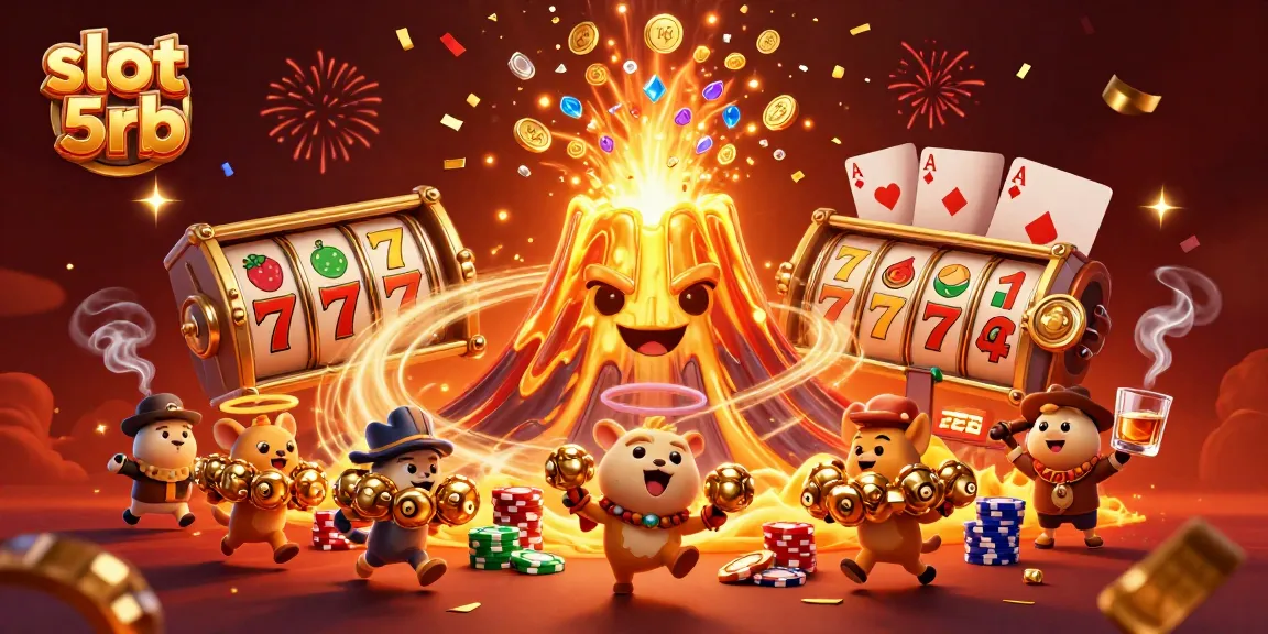 Experience the thrill of winning with slot 5rb's vibrant 3D illustration of a golden volcano erupting with riches.