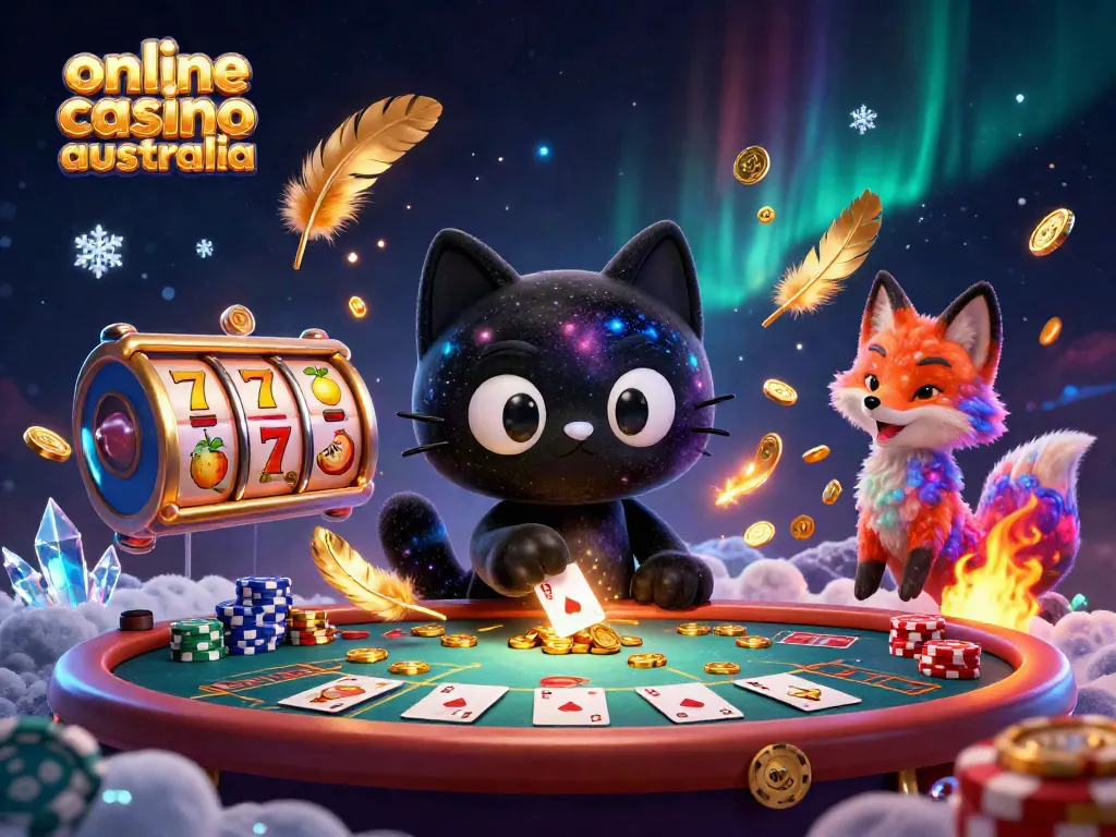 Engage in vibrant gameplay at an online casino Australia with a whimsical cosmic cat and companion illustration.