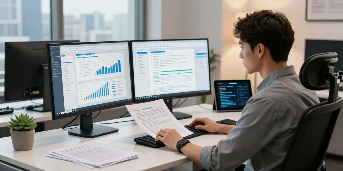 Data analyst analyzing tools to detect fraud in pdf documents in a modern office setting.
