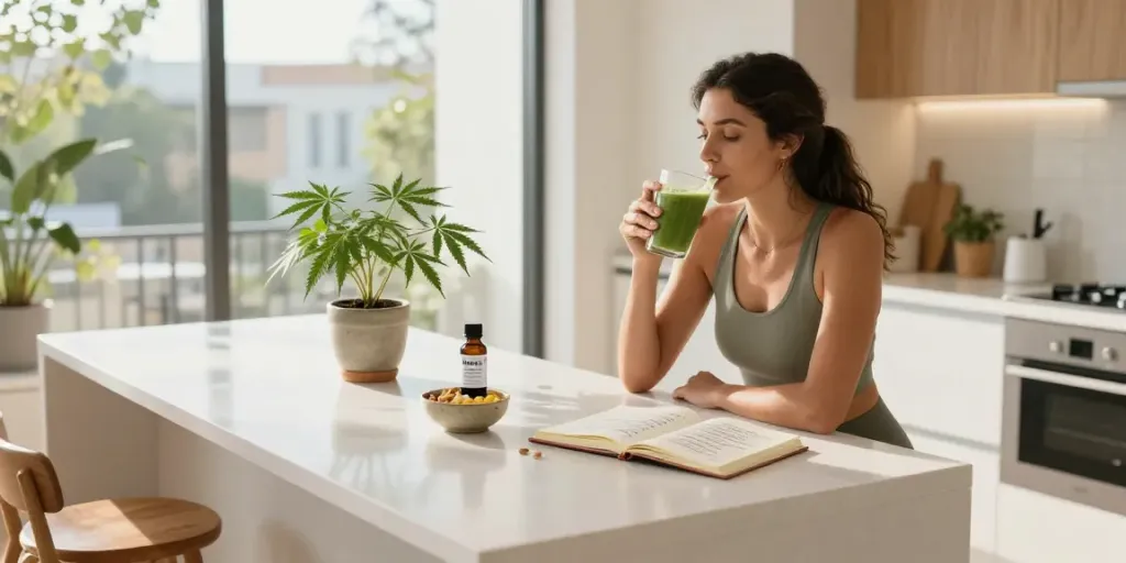 Muha meds CBD tincture alongside wellness journal and supplements in a modern kitchen.