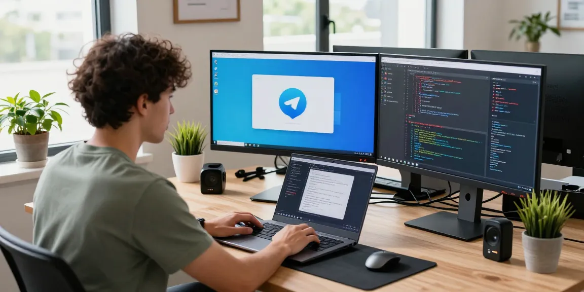 Developer using telegram中文版下载 at modern workspace with multiple screens