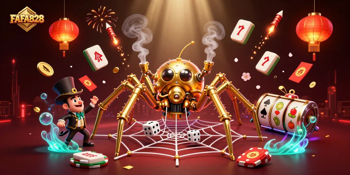 Engage with FAFA828's dynamic casino scene, featuring a golden spider, poker chips, and vibrant gaming elements.