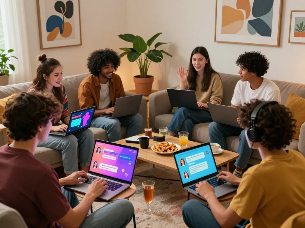 Engaging scene of friends enjoying nsfw ai chat on modern devices in a cozy living space.